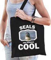 Dieren grijze zeehond  katoenen tasje volw + kind zwart - seals are cool boodschappentas/ gymtas / sporttas - cadeau zeehonden fan