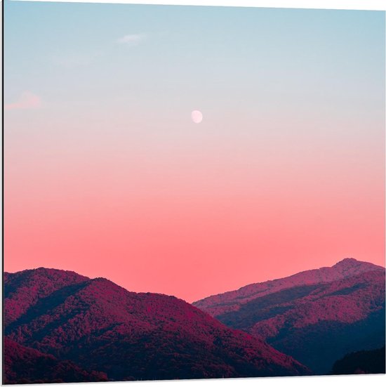 Dibond - Maan boven de Bergen en de Roze Lucht - 80x80cm Foto op Aluminium (Met Ophangsysteem)