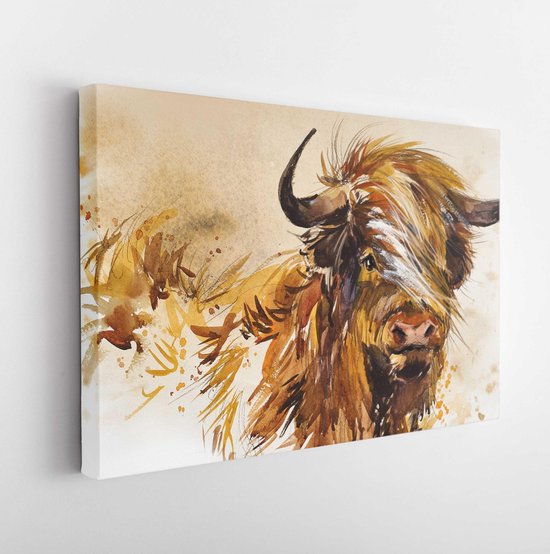 Bull. animal illustration. Watercolor hand drawn series of cattle. Scotish Highland breeds. - Modern Art Canvas - Horizontal - 1628444704 - 80*60 Horizontal