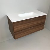 Meuble de salle de bain type 100cm, aspect noyer avec vasque en Solid Surface