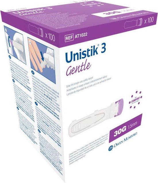 Unistik 3 veiligheidslancet Gentle 100 stuks (bloedglucose meten)