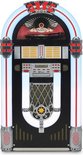Zwarte jukebox met chromen accenten, witte en rode gloed op de buizen.