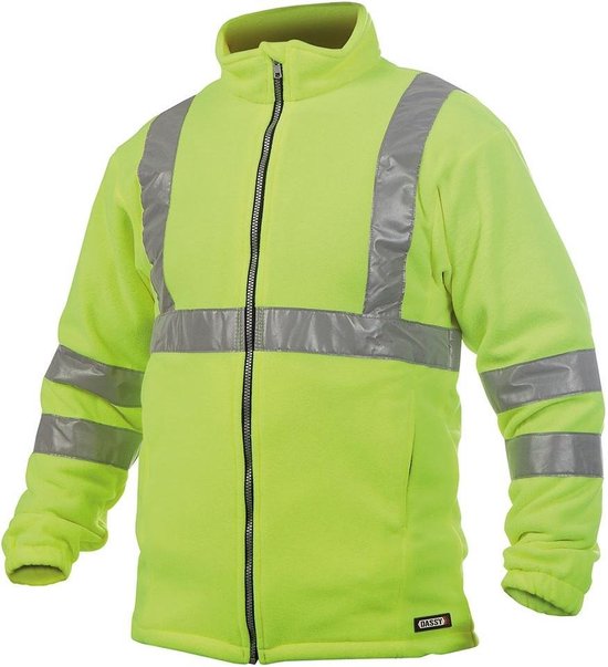 Geel fleecevest met reflecterende banden om de borst, armen en schouders. Met ritssluiting en DASSY logo.
