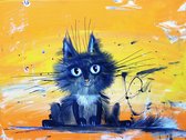 A cute blue kitten sitting on the background yellow painted linen with brush strokes  - Modern Art Canvas  - Horizontal - 468303884 - 40*30 Horizontal