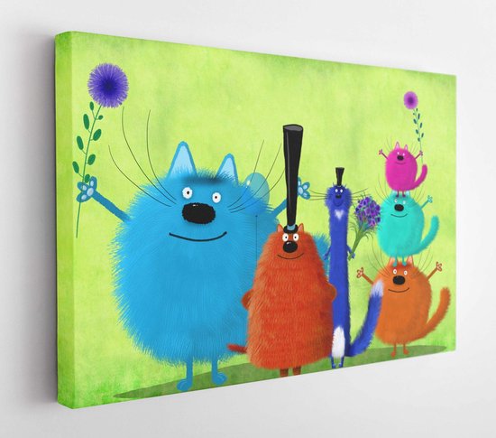 A big company of colorful cats with top hats and flowers standing on the beautiful light green background - Modern Art Canvas - Horizontal - 679734361 - 80*60 Horizontal