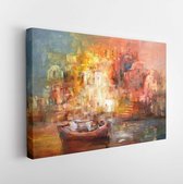 Onlinecanvas - Schilderij - Boats On The Island Harbor.handmade Oil Painting On Art Horizontal Horizontal - Multicolor - 40 X 50 Cm