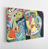 Digital art composition of women face, bird and red cat, contemporary modern art painting vector illustration  - Modern Art Canvas  - Horizontal - 1056079766 - 50*40 Horizontal