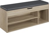 tectake® Schoenenbank met zitje - 3 open vakken en een opklapbaar vak met zitkussen - Schoenenrek met opbergruimte - Hout - Afmeting (LxBxH) 104 x 30 x 49 cm - Lichtbruin