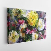 Watercolor art background floral flowers asters violet pink white yellow bouquet nature wet wash blurred handmade beautiful birthday present garden  - Modern Art Canvas  - Horizont