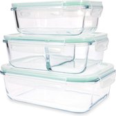 Glazen voedselcontainerset - gemengde set van 3 opslagcontainers met deksels - luchtdicht, lekvrij, oven, magnetron, vriezer en vaatwasmachinebestendig