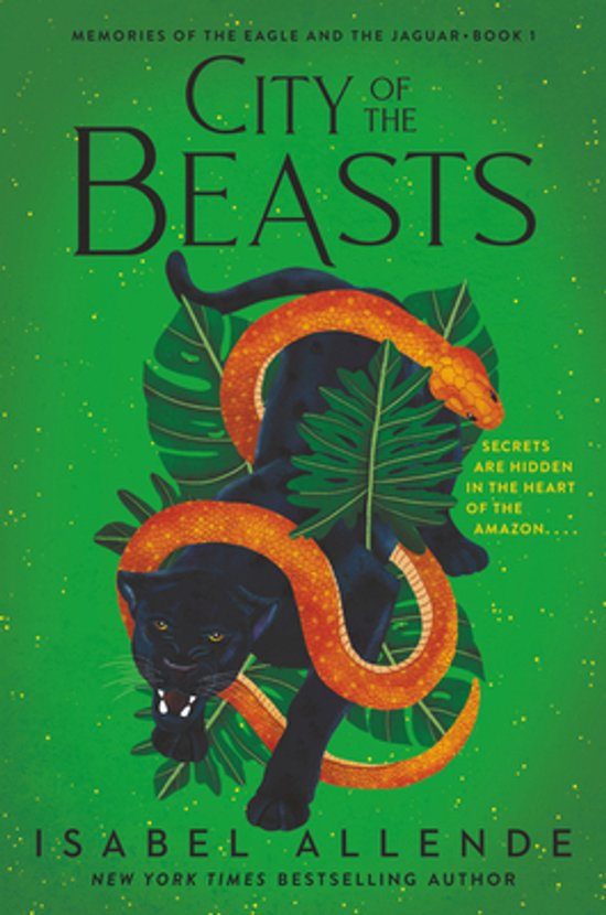 Boekomslag 'City of the Beasts' met een zwarte panter met een oranje slang eromheen, omringd door grote groene bladeren.