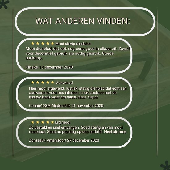 Klantrecensies: 'Mooi stevig dienblad', 'Aanwinst!', 'Erg mooi'.