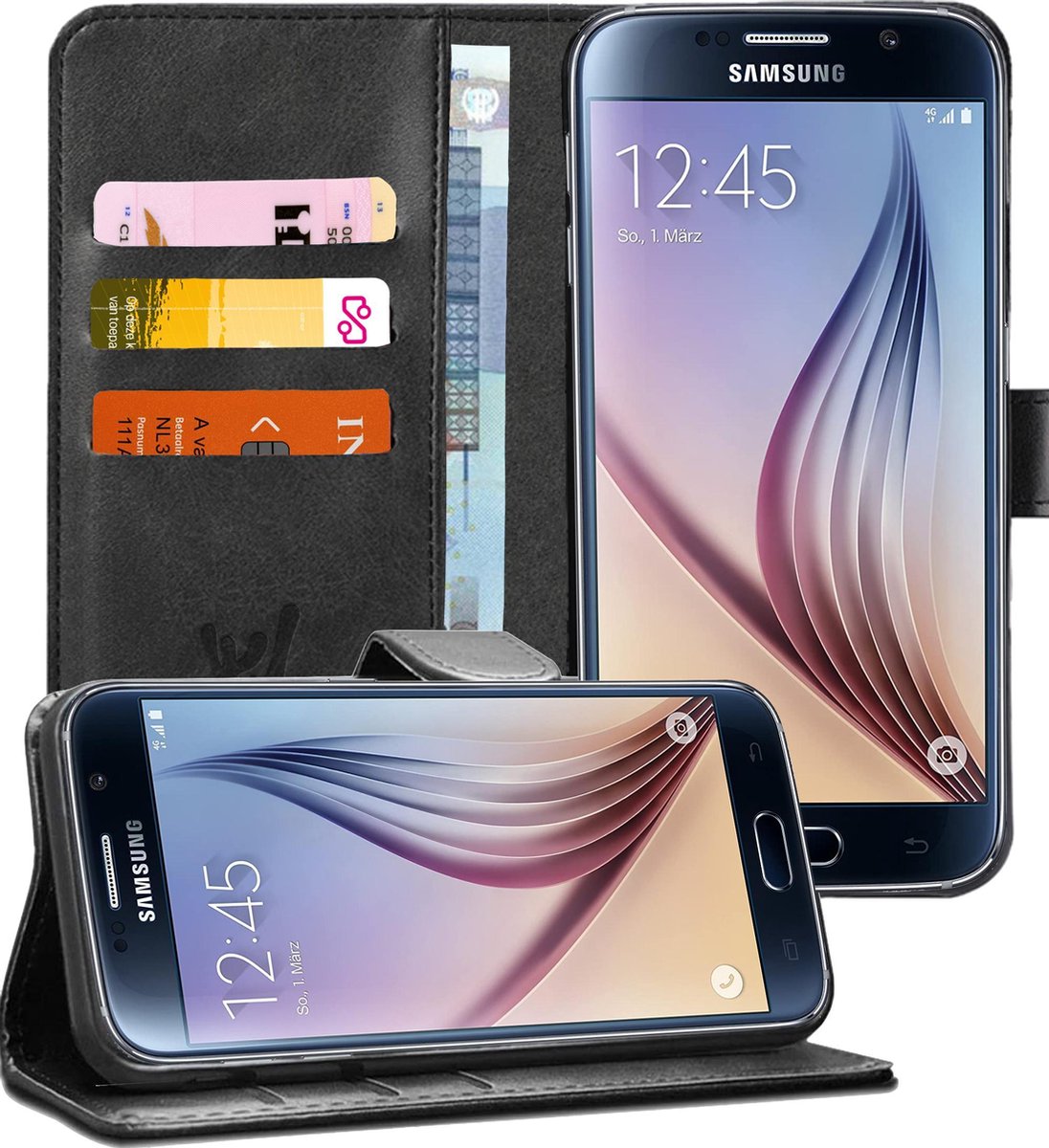 Hoesje geschikt voor Samsung Galaxy S6 Edge - Kunstlederen TPU Wallet Case Zwart - Portemonee Hoesje - Book Case - Flip Cover - Klap - 360 beschermend Telefoonhoesje