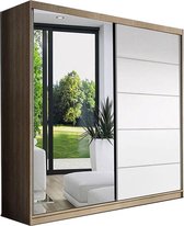 E-MEUBILAIR Zweefdeurkast Kledingkast met Spiegel Garderobekast met planken en kledingstang - 150x61x200 cm (BxDxH) - LARA 05 (Sonoma+wit)