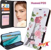 EmpX.nl Huawei P20 Print (Roos Paris) Boekhoesje | Portemonnee Book Case voor Huawei Huawei P20 met Print (Roos Paris) | Met Multi Stand Functie | Kaarthouder Card Case Huawei P20 Print (Roos