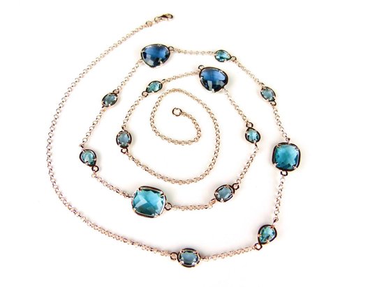 Zilveren halsketting collier halssnoer roze goud verguld Model Multi Forms gezet met blauwe stenen