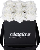 Relaxdays flowerbox zwart - 9 kunstrozen - bloemendoos - giftbox - rozen in box - vierkant - wit