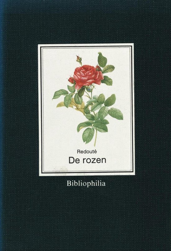 Boekomslag met een illustratie van een rode roos, getiteld 'De rozen' door Redouté.