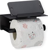 Relaxdays toiletrolhouder met plankje - wc rol houder rvs - wandmontage - telefoon - zwart