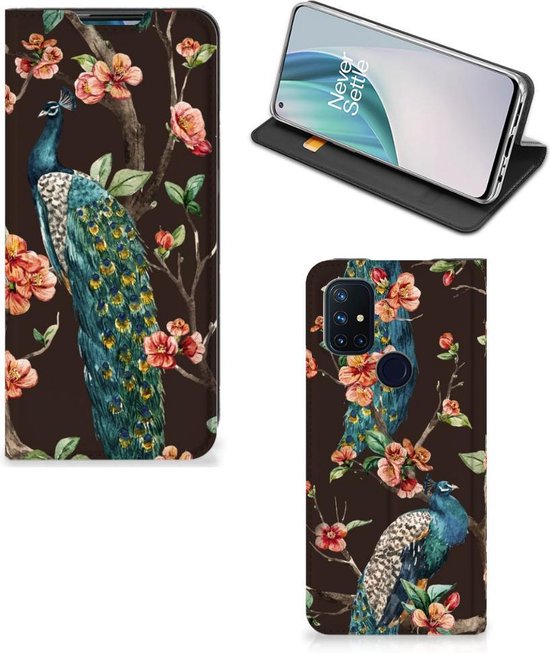 Stand Case OnePlus Nord N10 5G Phone Case Peacock avec Fleurs