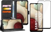 Hoesje geschikt voor Samsung Galaxy A12 - Screen Protector FullGuard - Book Case Leer Pasjeshouder Zwart & Screenprotector