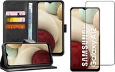 Hoesje geschikt voor Samsung Galaxy A12 - Screen Protector GlassGuard - Book Case Leer Pasjeshouder Zwart & Screenprotector