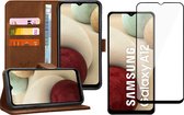 Hoesje geschikt voor Samsung Galaxy A12 - Screen Protector FullGuard - Book Case Leer Pasjeshouder Bruin & Screenprotector