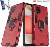 Samsung Galaxy A42 Robuust Kickstand Shockproof Rood Cover Case Hoesje- 1 x Tempered Glass Screenprotector ATBL