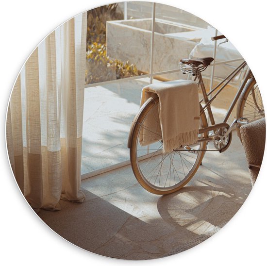 Forex Wandcirkel - Beige Fiets In de Woonkamer - Foto op Wandcirkel (met ophangsysteem)