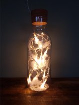 Voorjaar/ Zomer- Gezelligheid- Tuin- Glas-Fles/ Vaas met kurk/ Lichtsnoer met veren-10 LED lampjes 40 cm.