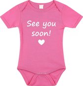 Baby rompertje met leuke tekst | See you soon! |zwangerschap aankondiging | cadeau papa mama opa oma oom tante | kraamcadeau | maat 68 roze