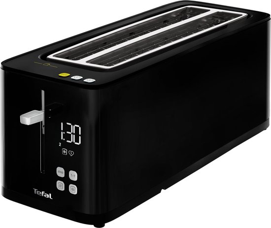 Grille-pain Tefal noir avec écran numérique affichant 1:30, et boutons pour stop, 1-7, réchauffer et décongeler.