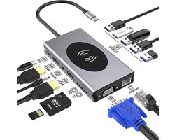De alles in 1 USB-C Docking Hub – 14-in-1 – Triple display – 2x 4K HDMI , 1x VGA , 87W USB-C Opladen , 5x USB3.0 , 2x kaartlezer, 3.5mm Audio Jack , Gigabit Netwerkaansluiting en 10W draadloos oplaadpad