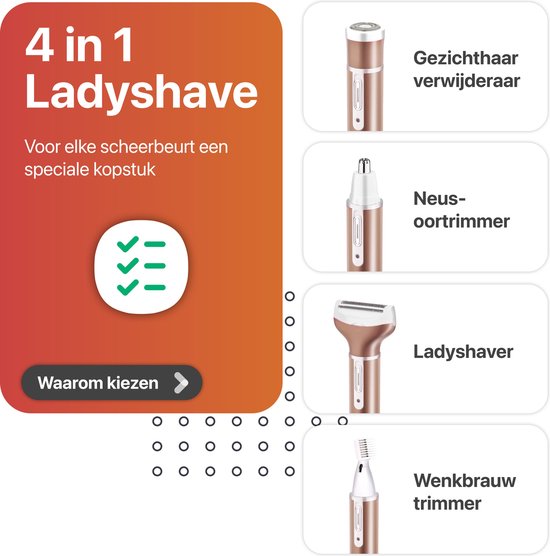 Smart-Tech - 4 in 1 Ladyshave - Oplaadbaar - Wenkbrauw trimmer - Neus- en oor trimmer - Rose Gold