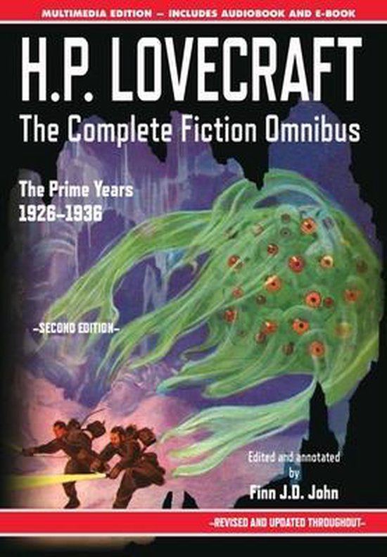 Boekomslag 'H.P. Lovecraft The Complete Fiction Omnibus' met een groen monster en twee mannen in een grot.