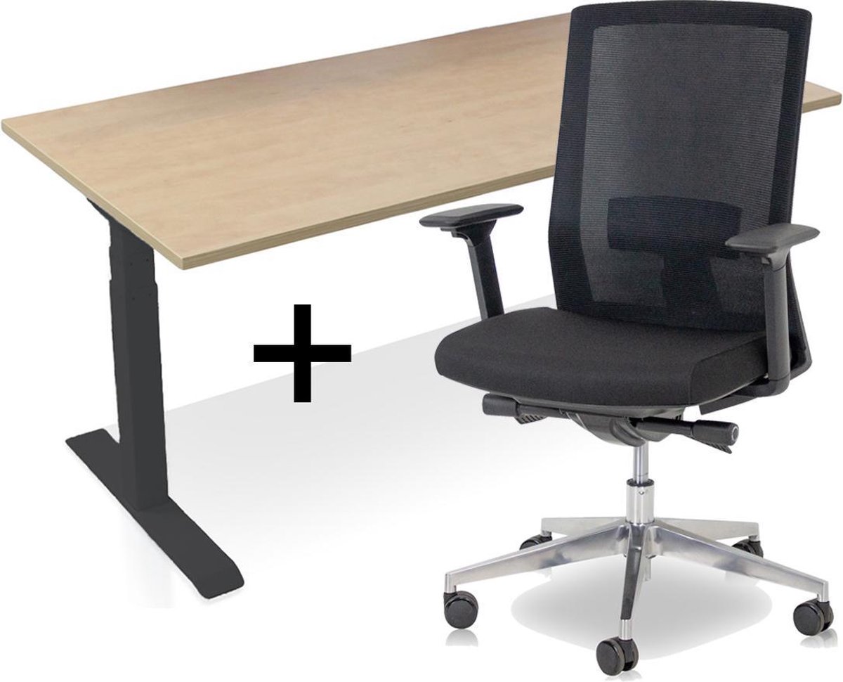 Lineaflex MRC Zit-sta bureau elektrisch verstelbaar + ERGO Bureaustoel | ARBO PRO NEN-EN 527 Thuiswerkset | frame bureau zwart - bureaublad wild peren | 120x80 cm Zwart bureauframe