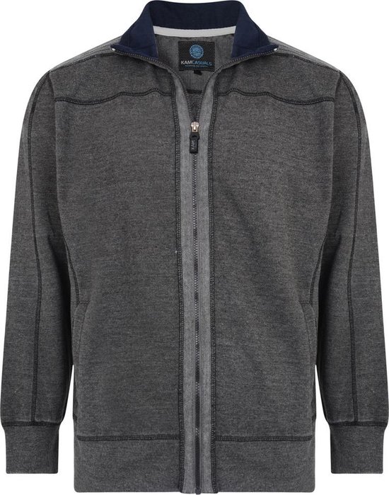 Herenvest van Kam Jeanswear in donkergrijs, met ritssluiting, hoge kraag en donkerblauwe voering.