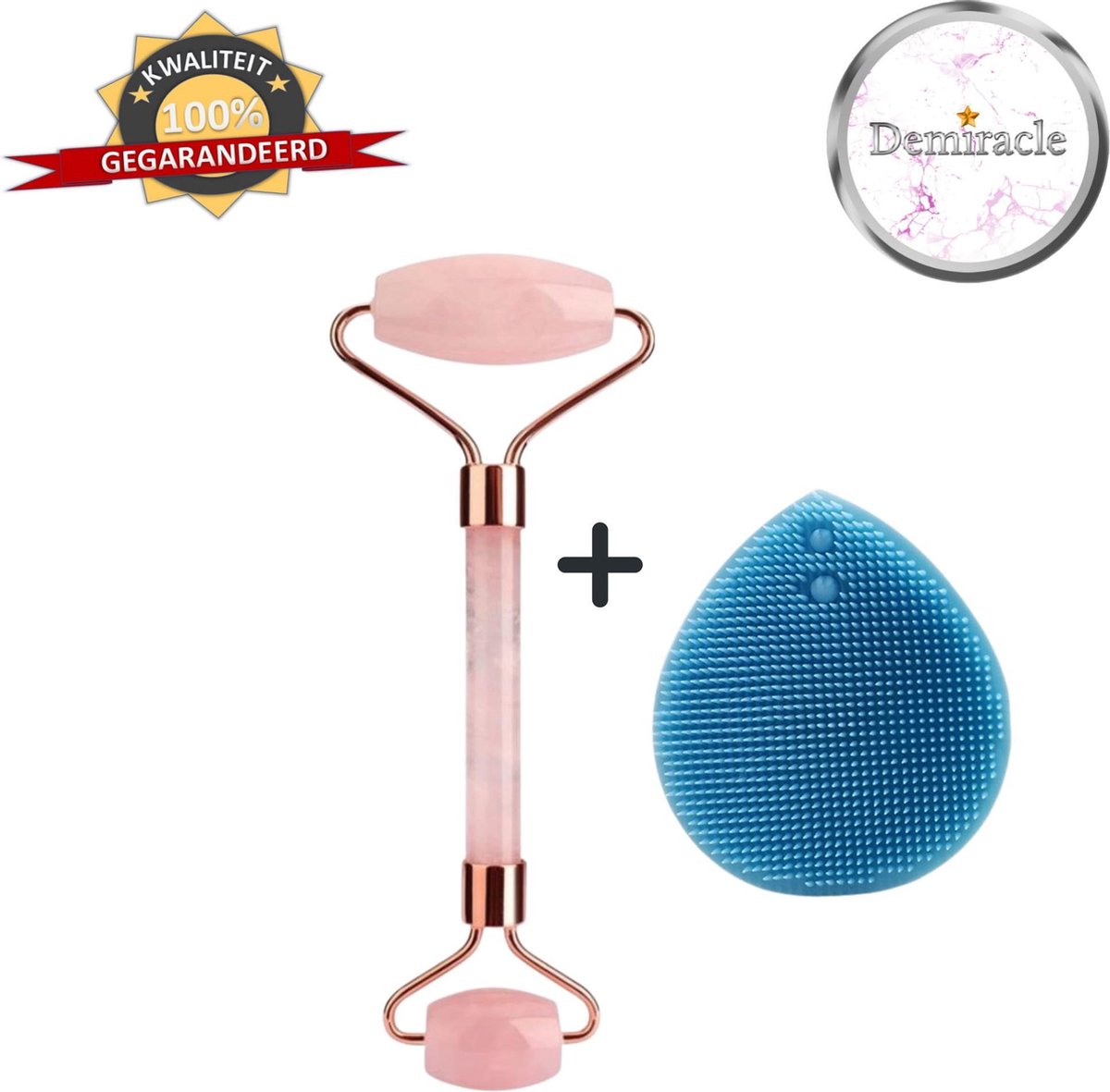 Demiracle Rose Quartz Face Roller met Blauwe Siliconen Gezichtsborstel - Valentijnsdag - Cadeau - Gezichtsroller - Massage Roller - Jade Roller - Rimpelverwijdering - Ontspanning - Kwaliteit