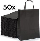 PrimeAmbition Kraft Papieren Tasjes Met Handvat – Zakjes – 50 Stuks – Zwart – 18x8x24 cm – Cadeautasjes