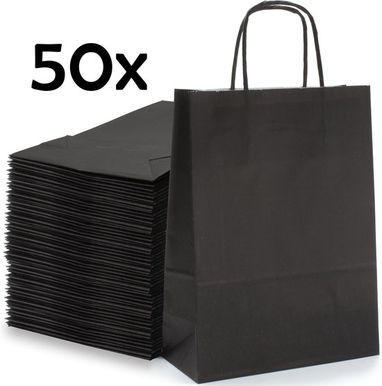 Kraft Papieren Tasjes Met Handvat – Zakjes – 50 Stuks – Zwart – 18x8x24 cm – Cadeautasjes