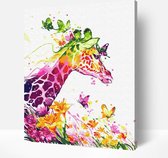 Schilderen Op Nummer Volwassenen DIY Paint By Number Compleet Hobby Pakket op Frame met Vernis - ®Arty Bee - Giraffe Fantasie 40x50cm