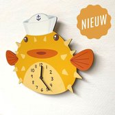 Kinderklok Kogel Vis geel | STIL UURWERK | dieren wandklok van hout voor kinderkamer en babykamer - decoratie accessoires | jongens en meisjes slaapkamer