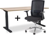 Zit-sta bureau elektrisch verstelbaar +  ERGO Bureaustoel | ARBO  PRO NEN-EN 527 Thuiswerkset | frame bureau zwart - bureaublad midden eiken| 140x80 cm