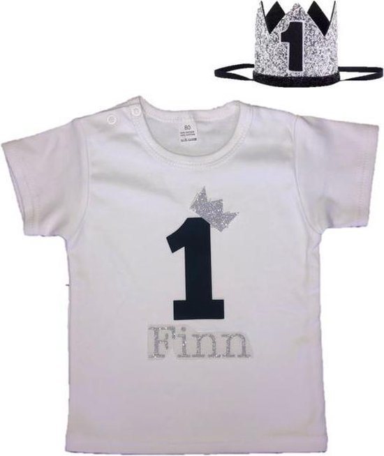 Verjaardags shirt, shirt, eigen naam, 1 jaar, zwart/zilver, verjaardagskroon, jongens shirt, verjaardag outfit, cakesmash, kinder t-shirt
