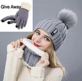 3 in 1 Winter Beanie Dames Muts | Muts + Sjaal + Handschoenen - One Size - Grijs