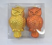 Kersthanger uil, mat geel en oranje, 2 stuks: 11 x 7 x 5 cm. kunststof