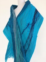 Handgemaakte, gevilte brede sjaal van 100% merinowol - Turquoise / Petrol Blauw 204 x 32 cm. Stijl open gevilt
