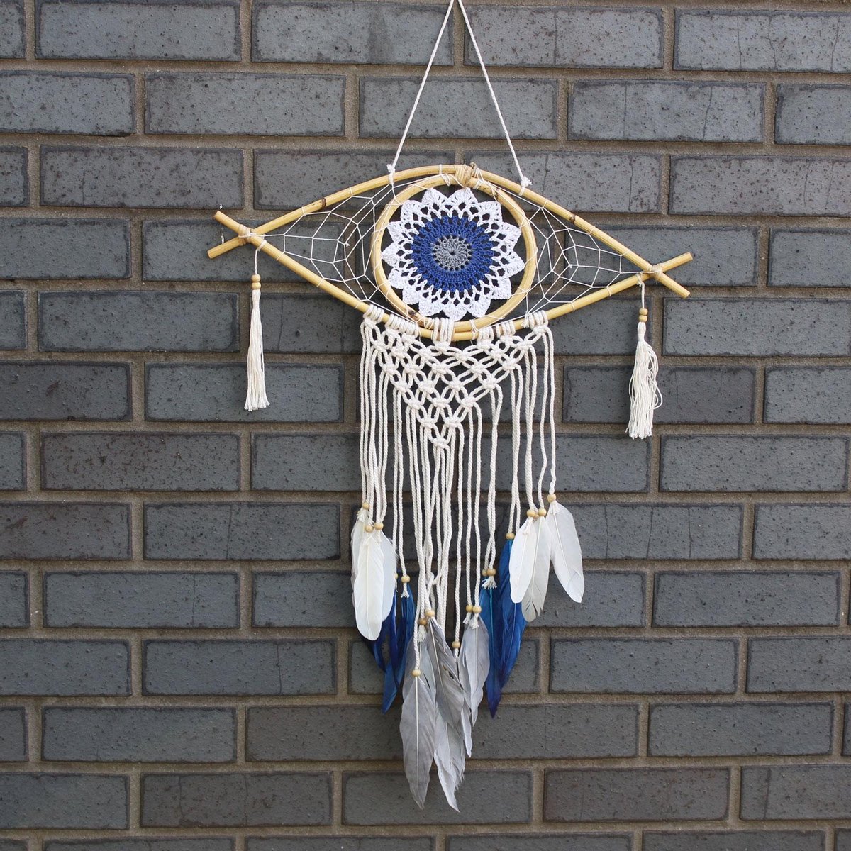 Ancient Wisdom Macramé Dromenvanger - Bescherming - Boze Oog - Wit, Grijs & Blauw - 52x1x69cm