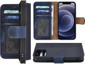 Iphone 12 Pro Hoesje - Bookcase - Iphone 12 Pro Hoesje Portemonnee wallet Echt Leer Denimblauw Cover