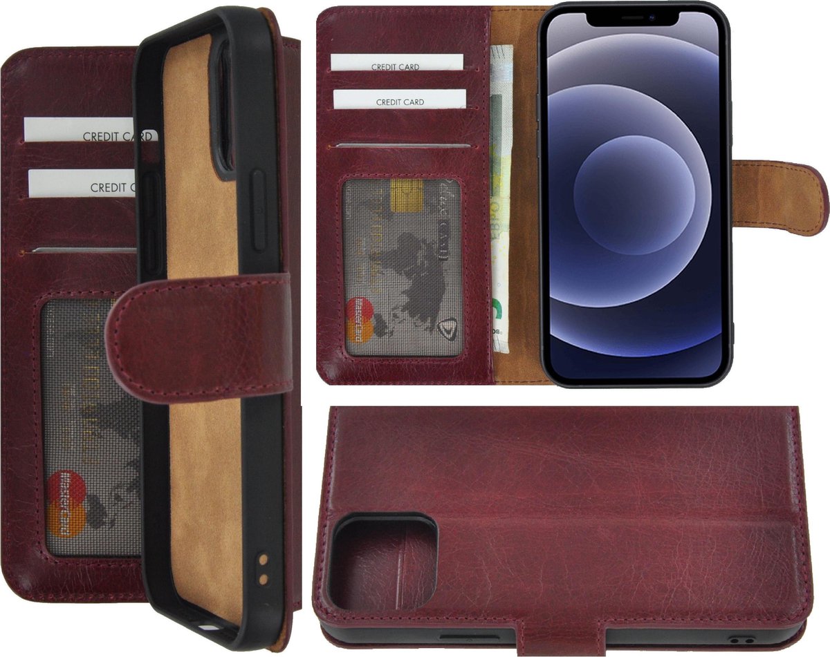 Geschikt voor Iphone 12 Pro Hoesje - Bookcase - Iphone 12 Pro Hoesje Portemonnee wallet Echt Leer Bordeaux Rood Cover